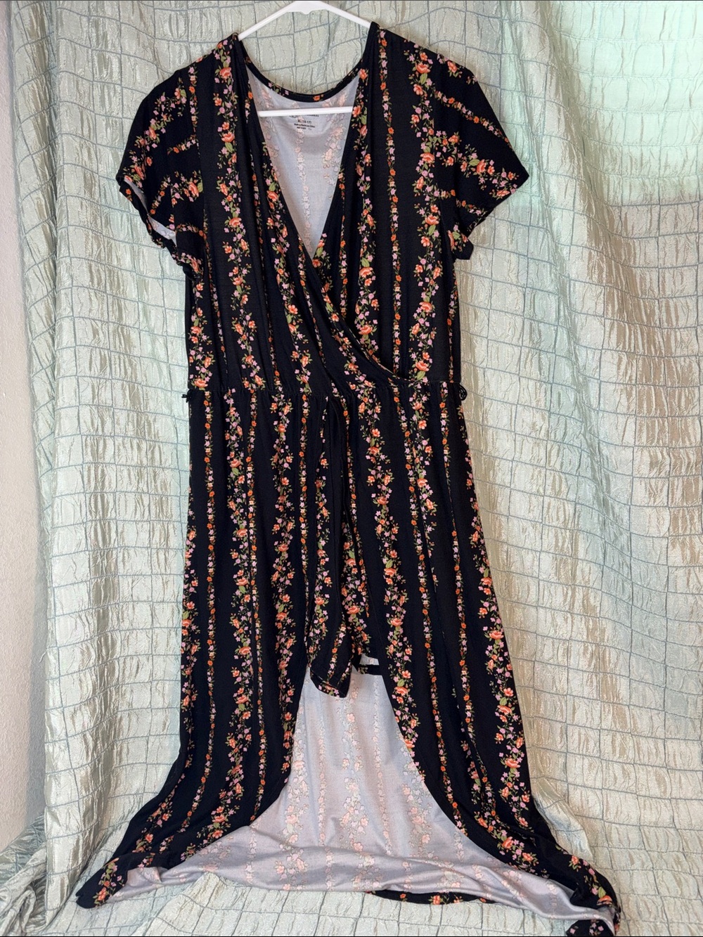 NOBO Navy High-Low Wrap Dress with Pink Floral Stripe
